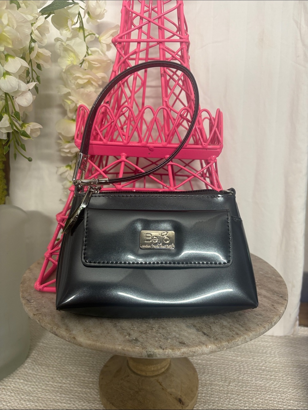Beijo Black Patent Wristlet Clutch with Gold Logo Plaque